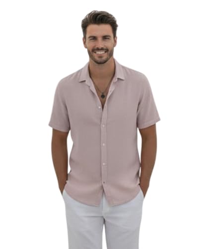 Image of VastraVibes Premium Cotton Linen Shirt for Men | Half Sleeve Slim Fit Casual Shirts | Lightweight Beach Wear & Festive Outfits | Trending Pastel Colors