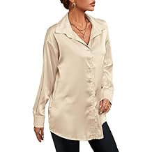 LYANER Womens Satin Silky Loose Turn Down V Neck Long Sleeve Button Blouse Shirt Top