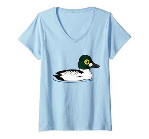 Womens Cute Cartoon Common Goldeneye Birdorable Duck Bird Species V-Neck T-Shirt