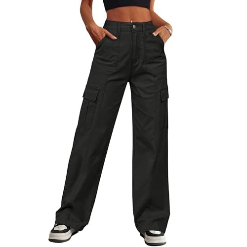 Eddoyee Cargo Pants for Women Drawstring Ankle Cuffs Stretch High Waisted 6 Pockets Straight Wide Leg Jean Casual Baggy Pants B Black XX-Large