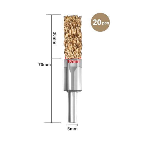 ATOPLEE 20pcs Brass Coated Wire Brush Wheel & Cup Brush Set with 1/4 Inch Round Shank,Diameter 3/8‘’(10mm) Crimped Wire Brush Wheel for Rust Removal, Corrosion and Scrub Surfaces,for Drill Attachment