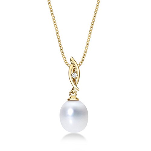 Image of Genuine Pearl Necklace with 8-8.5mm White Real Freshwater Pearl Pendant Set with Single Dazzling Cubic Zirconia. Pearl Necklace with Single Pearl in Luxurious 9K Yellow Gold with 16 inch Gold Chain.