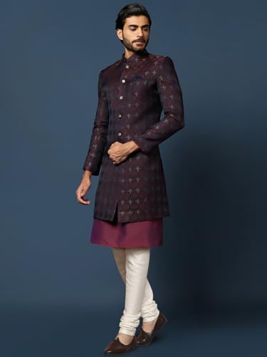 Kisah Mens Kurta Sherwani Churidar Set Silk Blend Jacquard, Indo-Western Mens Wear, Purple, 44