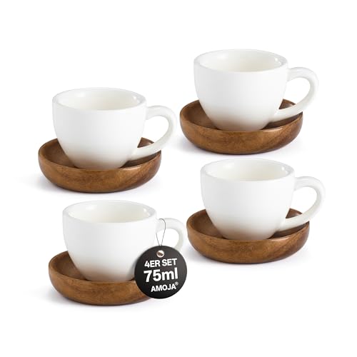 AMOJA 4er Set Espressotassen mit Untertassen Weiß 75ml Dickwandige Keramik-Espressotassen Set Lang Warm Haltend Stapelbares Design & Spülmaschinenfest