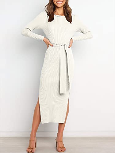 Anrabess Women's 2023 Elegant Sweater Dress Long Sleeve Crewneck Tie Waist Slim Fit Knit Slit Midi Dress 623Mibai-S White #TOP1