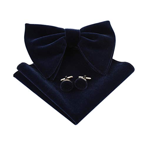 Lovacely Mens Oversized Velvet Bow Tie Vintage Tuxedo Big Bowtie And Pocket Square Cufflinks Set 250170 Navy Blue #TOP10