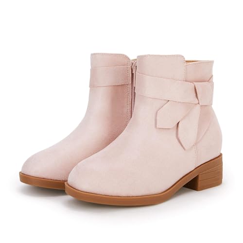 Kids Girls Tie Knot Ankle Boots Chunky Low Block Heel Chelsea Dress Booties Winter Shoes With Zipper, Pink, 4 Big Kid