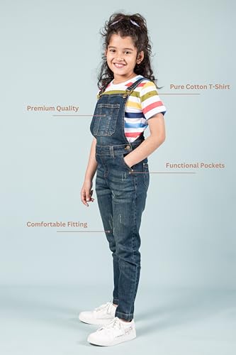 Image of Tweeny Mini Girls Pure Cotton Denim Dungaree for Kids | Relaxed Fit Full Length Overall Outfit with Pockets | Adjustable Straps