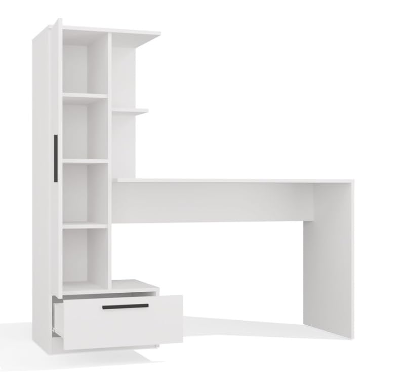 BDW Cosmo Scrivania con mensole, larghezza 143 cm, altezza 140 cm, profondità 50 cm, scaffale integrato con porta, cassetto, asilo nido, ufficio, adolescenti, bianco