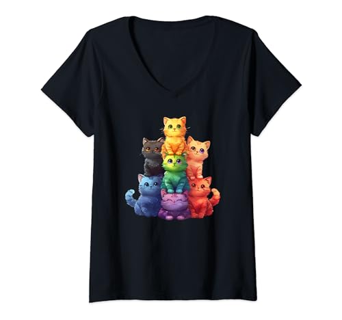 Femme Seven Cute Cats Stack Rainbow Flag Gay Pride Cute T-Shirt avec Col en V