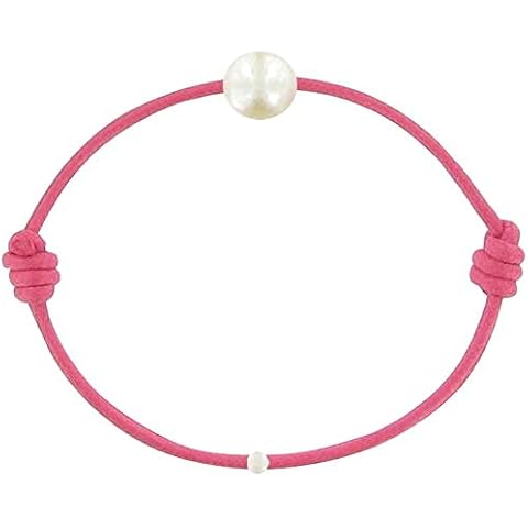 Les Poulettes Jewels - Childrens Bracelet - My First Pearl- Waxed Cord Bracelet - White Cultured Freshwater Pearl 6-7 mm - Colors - Fuchsia Cover
