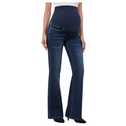 GLAMIX Women's Stretch Maternity Bootcut Jeans with Pockets Over The Belly Bell Bottoms Flare Denim Pants Pregnancy Clothes(Vintage Blue, M)