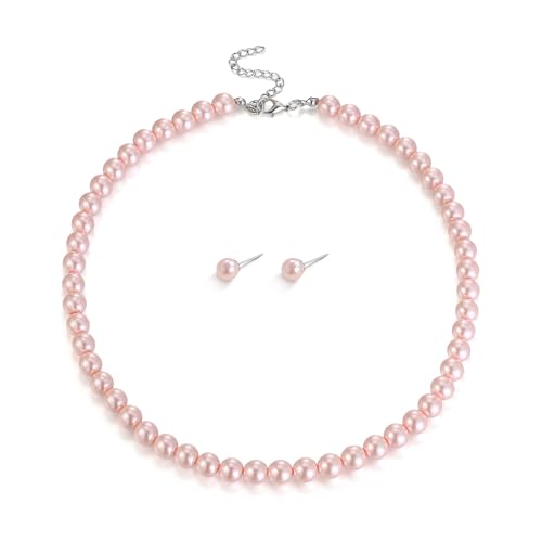 Image of Ever Faith Dainty 6mm Pink Round Imitation Pearl Strand Necklace Stud Earrings Delicate Wedding Costume Prom Faux Pearls Jewelry for Women Bride