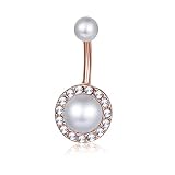 Lenacou Pearl Flower Belly Button Rings 14G Surgical Stainless Steel Navel Barbell Stud Cubic Zircon