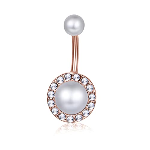 Lenacou Pearl Flower Belly Button Rings 14G Surgical Stainless Steel Navel Barbell Stud Cubic Zirconia Body Piercing (Rose Gold) #TOP5