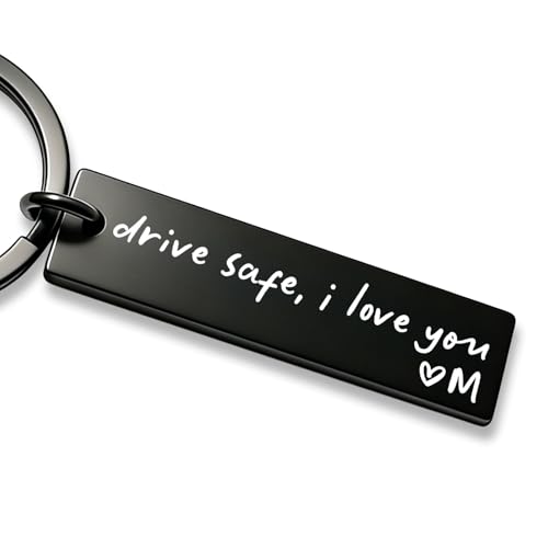 xcanartvy Drive Safe I Love You Keychain – A–Z Initial Engraved Key Ring – Personalized Gift for Husband, Boyfriend & Family(M)