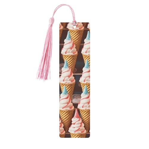 Ice Cream Cones Fifties Time Wood Bookmark for Men Women Teachers Gift Vintage Handmade Craft Book Marks for Reading Page Markers Hanging Gift Tags Ornaments Wooden Bookmarks with Tassel