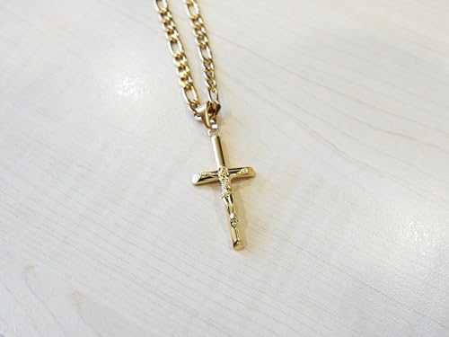 14K Gold Cross Crucifix Necklace Pendant Charm with 5MM Figaro Chain Gift for Men Women Jesus Crucifix Baptism Religious Gift3