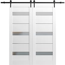 SARTODOORS Sliding Double Barn Doors 36 x 80 with Hardware | Quadro 4055 White Silk with Frosted Opaque Glass | 13FT Rail Sturdy Set | Kitchen Lite Wooden Solid Panel Interior Bedroom Bathroom Door