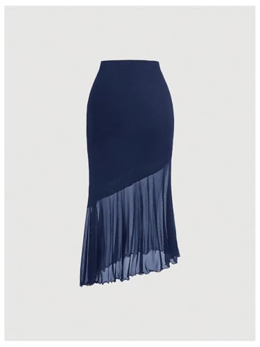 SHENHE Women's Mesh Asymmetrical Hem Lettuce Trim Bodycon High Waist Midi Fishtail Skirt2