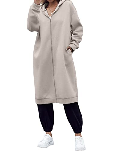 Dyexces Women Zip Up Hoodie Casual Long Hoodies For Women Tunic Sweatshirts Jackets Winter Coat With Pockets Beige #TOP2