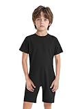 Jugaoge Unisex Kinder Sport Tshirt Shirt Body mit Bein Kurzarm Rundhals Jumpsuit Basic Einfarbig Overall Kurz Sport Fitness Athlethic Outfits Schwarz 146-152