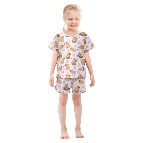 Cute Capybara Cupcake Purple Summer Cute Pajama Sets, Short Sets for Daily Wears and Sleep Wears3
