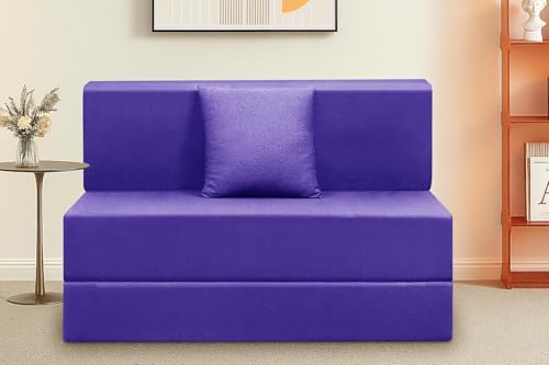 Image of Foldable 1-Seater, 3X6 Sofa Bed | Convertible Sofa Cum Bed with Cushion Jute Fabric Perfect for Living Rooms & Guest Rooms - Purple