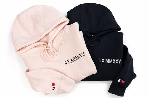 Custom Embroidered Roman Numeral Hoodie, Personalized Hoodie For Boyfriend Girlfriend With Initial Heart, Gifts for Boyfriend Girlfriend Couples, Matching Hoodies For Couples.