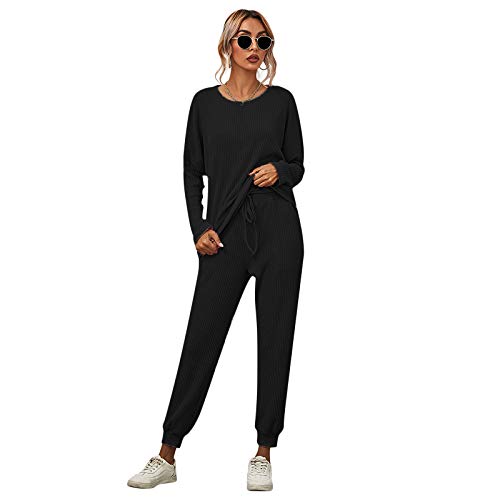 Conjunto de pantalón de chándal de 2 Piezas para Mujer, Traje de chándal Acanalado de Manga Larga Informal, Jersey de Cuello Redondo + Pantalones (Black, XXL) Cover