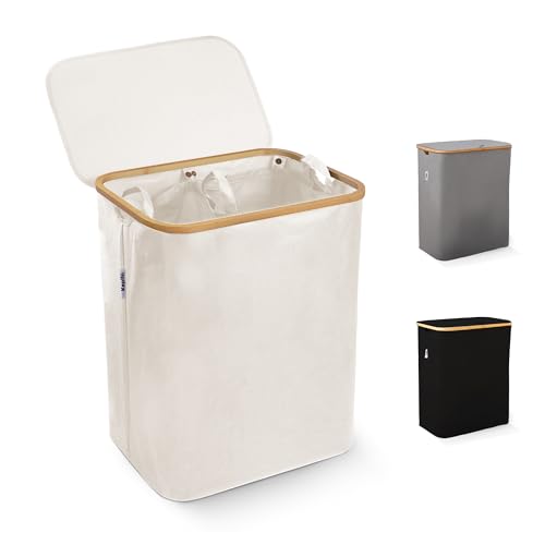 Keplin Laundry Basket - 145L Capacity with Handles, 2 Machine Washable Removable Bags, Button Toggles & Breathable Fabric - Easy Assembly for Home, Bedroom & Bathroom - Beige (57x37x69cm)