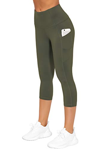 Image of THE GYM PEOPLE Thick High Waist Capris Yoga Pants with Pockets, Tummy Control Workout Running Yoga Leggings for Women