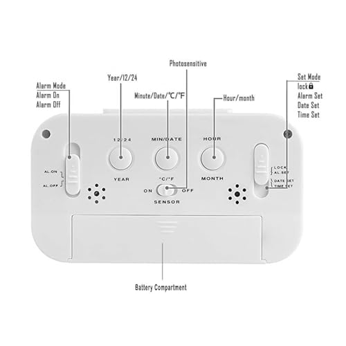 DTL Digital Alarm Clock LED Display with Temperature Big LCD Digit Display Larger LCD Backlit Display Snooze Smart Brightness Sensor for Bedroom Home Office and Travel (White)