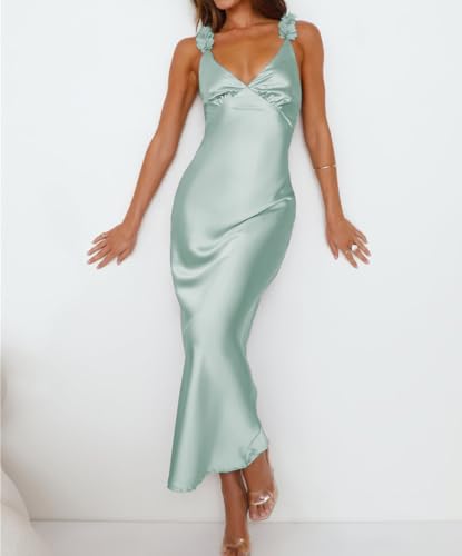 Image of Phicia Summer Satin Spaghetti Strap V Neck Midi Dresses for Women Wedding Guest Elegant Flower Backless Cocktail Formal Dress