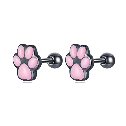 Qings Boucles d'Oreilles Chat Noir en Argent 925 Patte Chat Boucles d'Oreilles Noires pour Femmes Filles Boucles d'Oreilles Cat Paw Studs Hypoallergéniques...