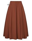 Kate Kasin Women's Long Brown Pleated Midi Skirt Fall Winter 2025 High Waisted Knee Length Flowy A Line Skirts with Pockets