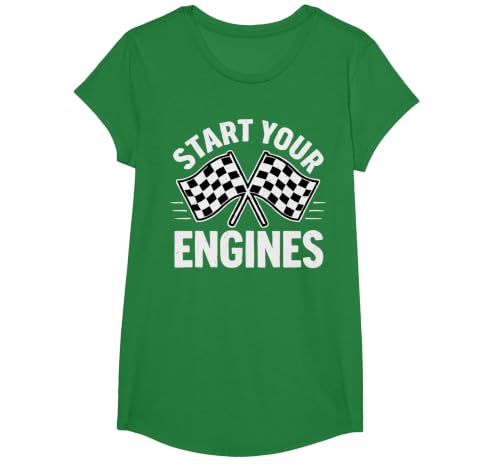 Start Your Engines Vintage Check Flag Race Car Costume T-Shirt, Girls, Kelly Green, Large