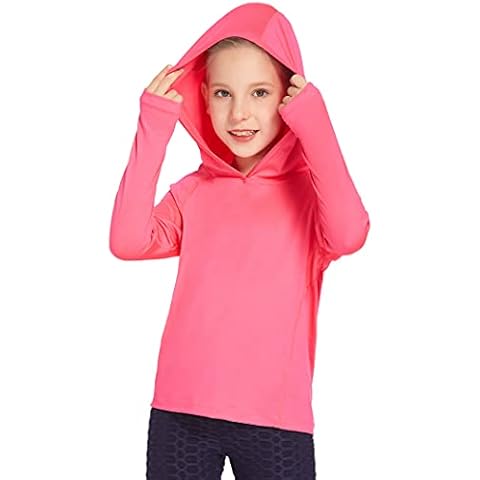 Greatchy Girls' Sports Shirt Long Sleeve Lightweight Hoodie Workout Running Yoga Pullover Topwith Thumbholes 6-15 Years Rose Red Cover
