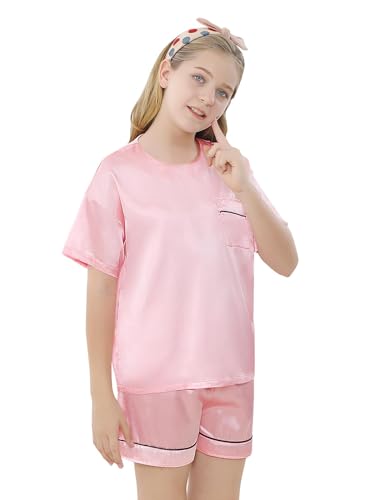 Girls Silk Pajamas Set, Satin Crewneck Nightwear Button-Down Sleepwear4