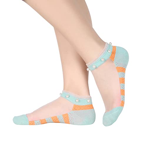 Benefeet Sox Women Girls Nylon Socks Pearl Sheer Transparent Ankle Socks Mesh Ladies Novelty Cute Lace Ruffle Through Clear Socks Gift, Pearl Striped-5 Pair #TOP5