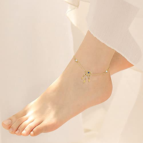 Muuyon 14K Gold Dream Catcher Anklet, Solid Yellow Gold Sapphire Dreamcatcher Anklet For Girl Women, 8+1+1 Inch #TOP1