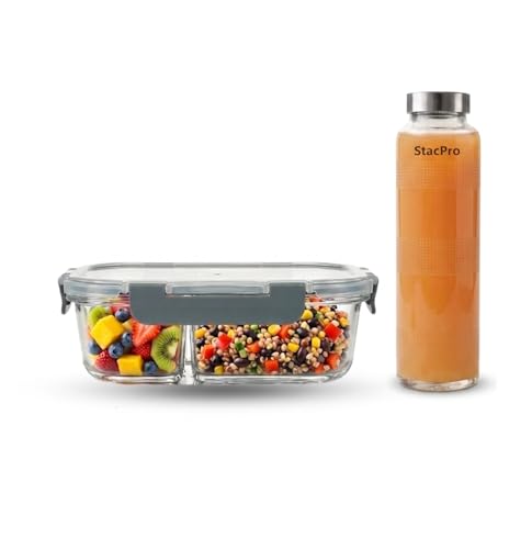 Image of Glass Lunch Box with 2 Compartments | Leakproof Borosilicate Glass Lunch Container with Airtight Lid | BPA Free Tiffin Box for Office, School & Travel (1x980ml + 1xTextured Glass Bottle)