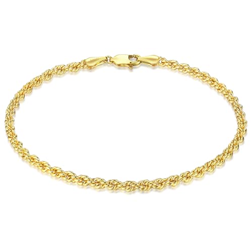 AHSIWC 3mm Dainty 14K Gold Rope Chain Bracelets for Women & Men Fashion Stackable Chain Bracelet for Men Simple Waterproof Non-tarnish Charm Bracelet Jewelry Unisex Gift Lifetime Quality