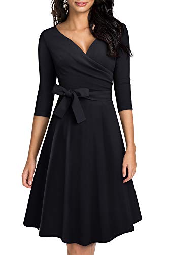 HOMEYEE Damen Retro 50s V-Ausschnitt mit Schärpe Swing Cocktail Party Kleid A240 (XL, Schwarz)