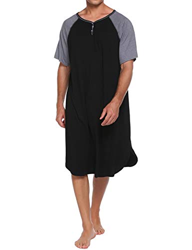 Ekouaer Sleepwear Men's Nightshirt Big & Tall Short Sleeve Sleep Shirts Long Nightgown Robe (Black,L)