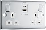 BG Electrical 22W Double Switched Wall Plug Socket with Fast Charge Type A & C USB Charging Ports, Nexus Metal, Polished Chrome, Black Inserts, 13A, NPC22UAC22B - Image 1