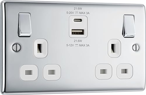BG Electrical 22W Double Switched Wall Plug Socket with Fast Charge Type A & C USB Charging Ports Nexus Metal Polished Chrome Black Inserts 13A NPC22UAC22B
