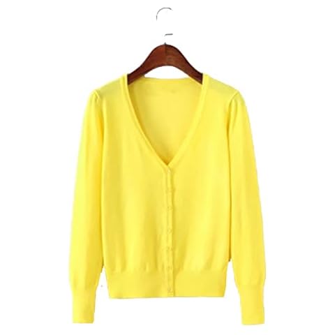 MIYAA Cardigans for Women,Woman Knitted Cropped Cardigan Long Sleeve V-Neck Solid Color Casual Thin Knit Cardigan Outwear Sweater All-Match Knit Cardigan Jumper,Yellow,M Cover