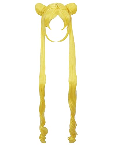 haikyuu Women Anime Wig Long Curly Golden Ponytails Wig With Bangs Wavy Halloween Cosplay Comic Con (Lemon Yellow)