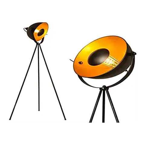 Lámpara de pie trípode proyector metálico negro con foco de reflejo dorado Cover